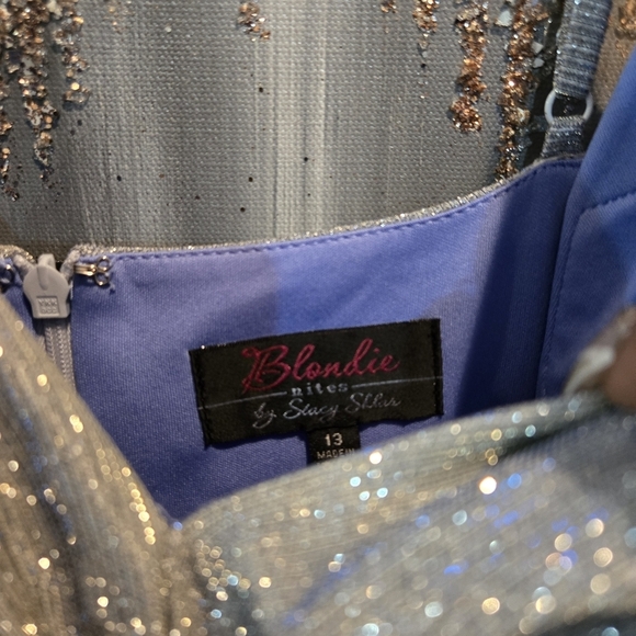 Silver/Blue Metallic Ruffled Fit & Flare Dress Juniors 14 *NWT $169 - Picture 7 of 9